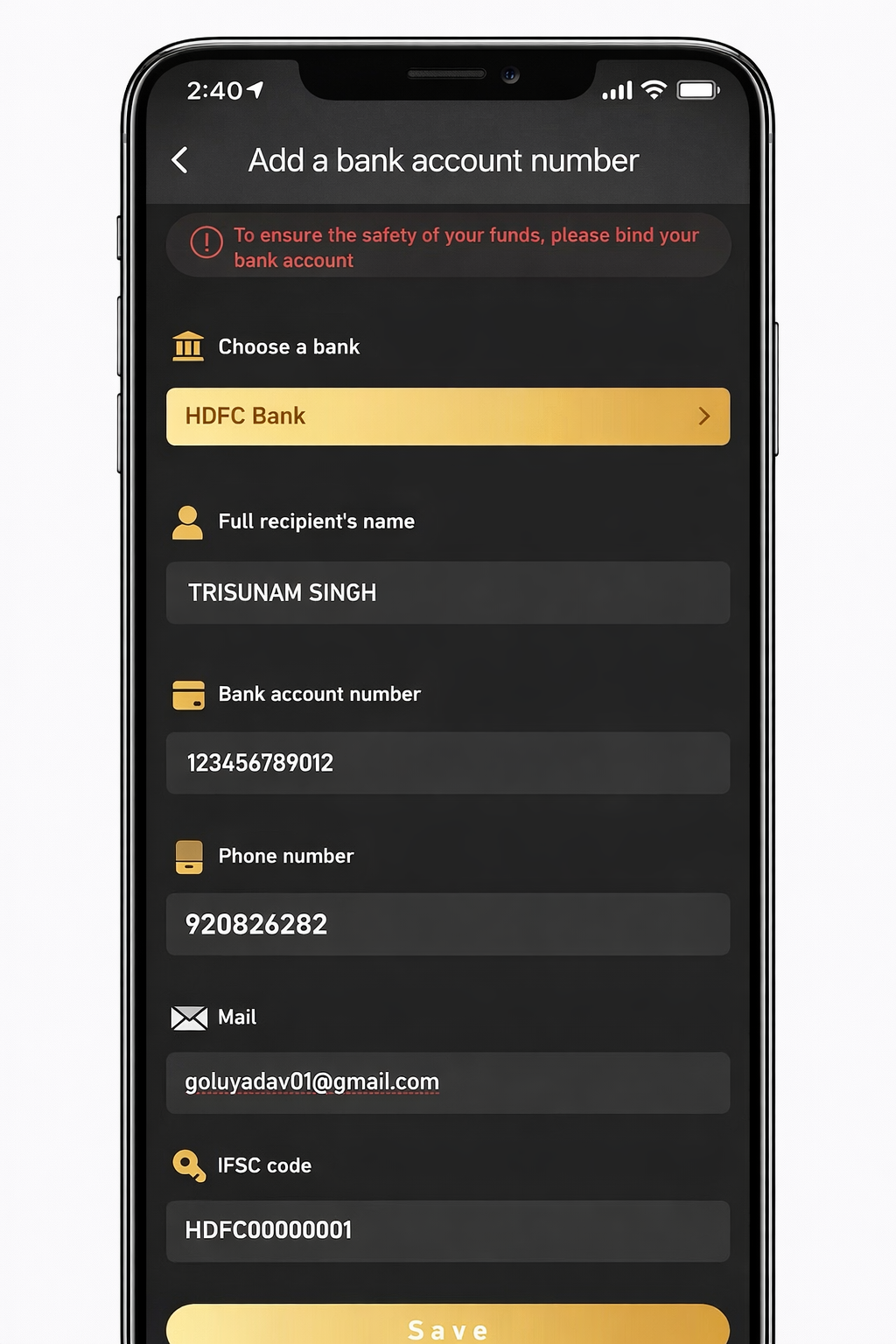 BDG Game add bank account form