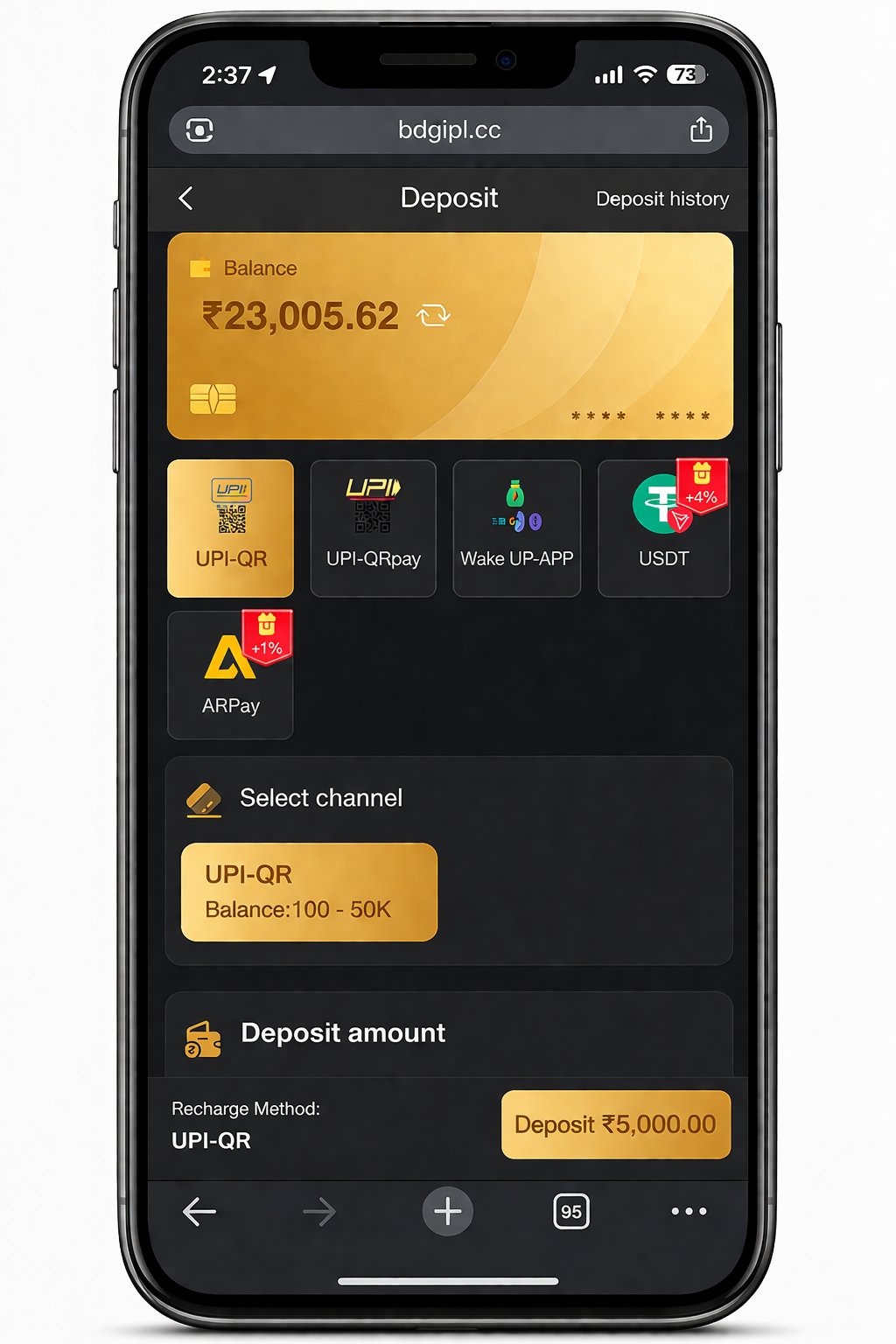 BDG Game deposit screen with UPI, USDT and ARPay options