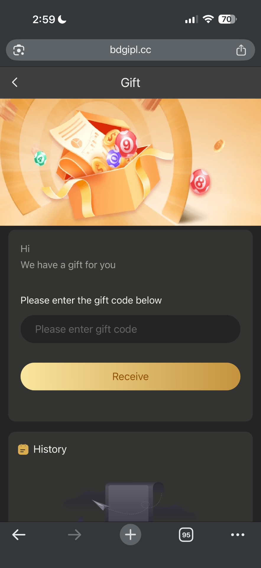 BDG Game gift code redeem screen
