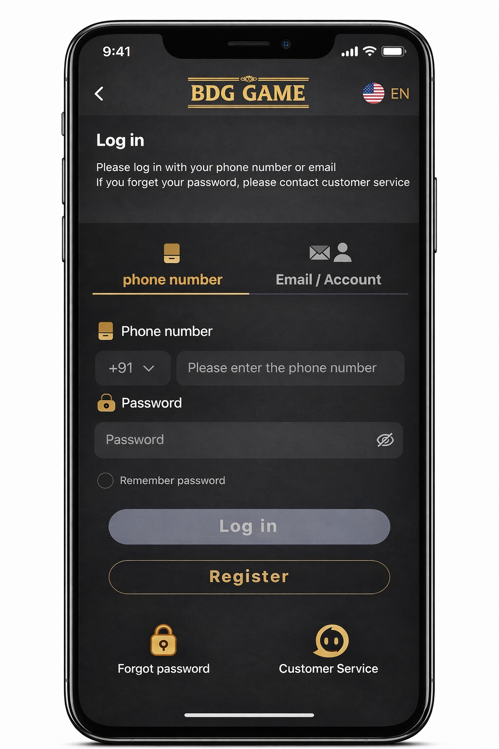BDG Game login screen with phone and email tabs