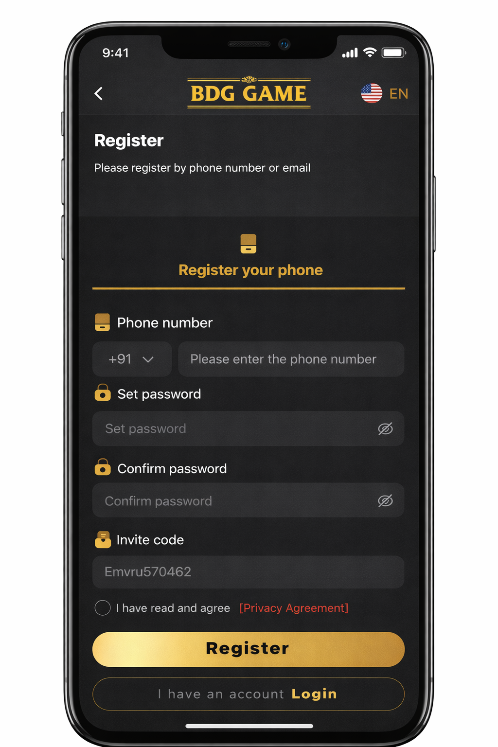 BDG Game registration screen on mobile