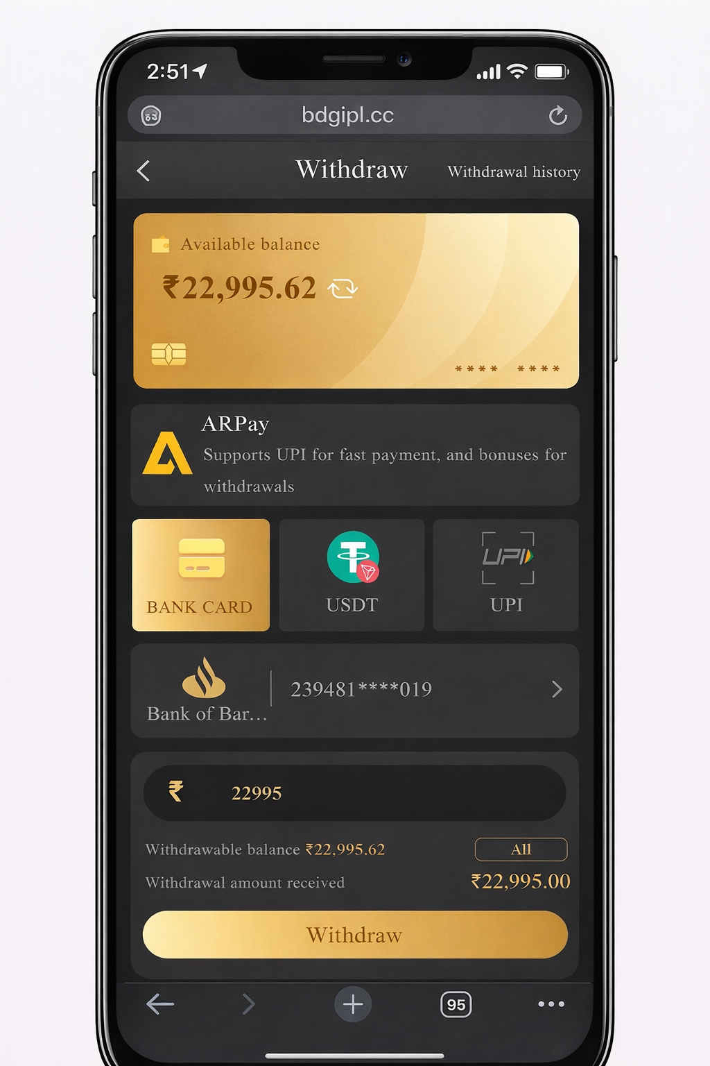 BDG Game withdraw screen with bank card, USDT and UPI options